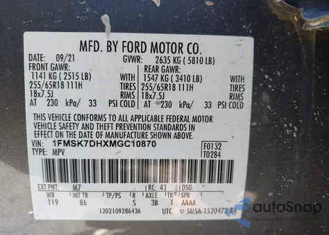 2021 Ford Explorer Xlt z USA, uszkodzony, nr VIN 1FMSK7DHXMGC10870